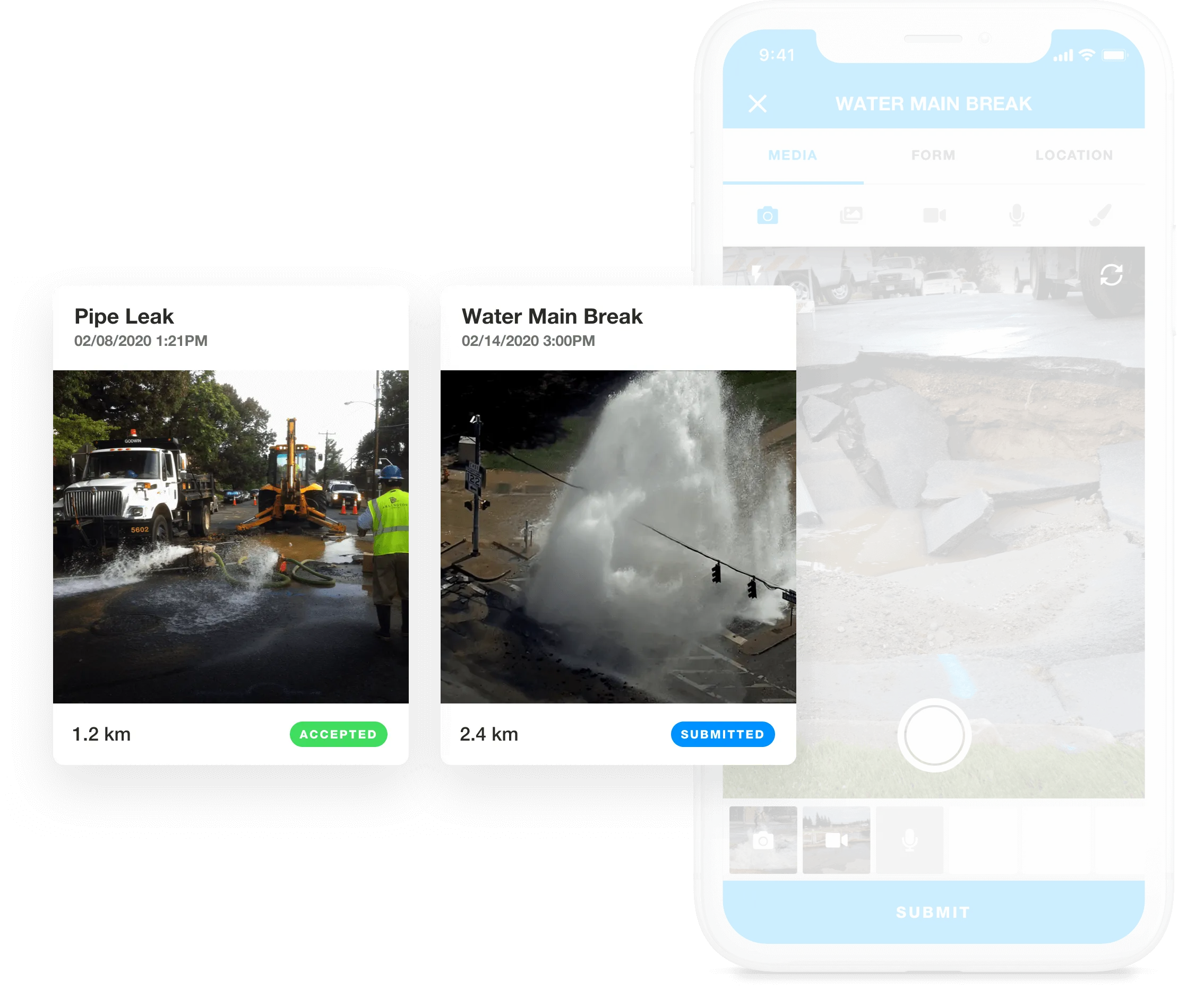 Crowdsourced reports of a pipe leak and a water main break
