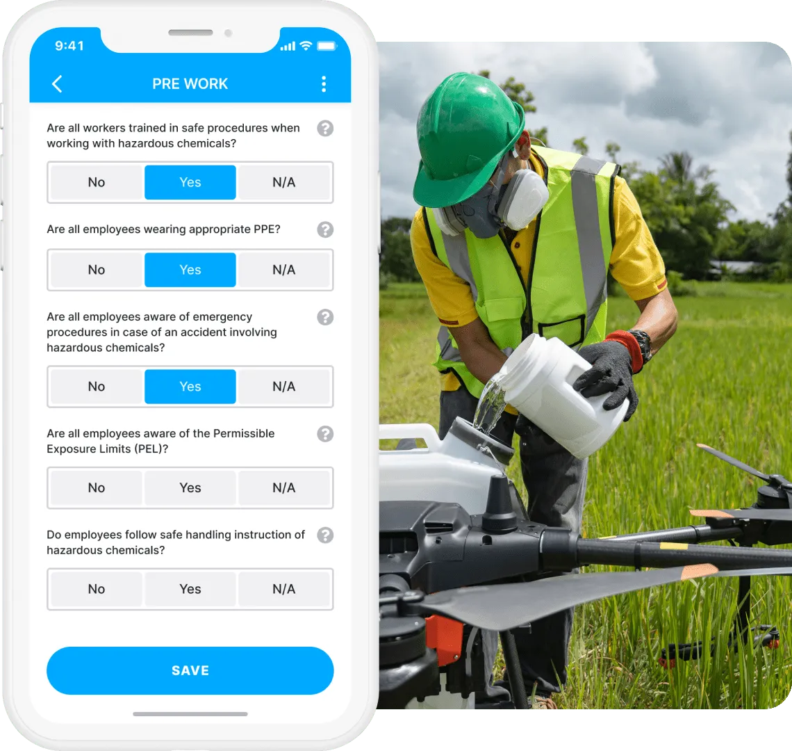 A pre-work safety form completed in the Gruntify mobile app