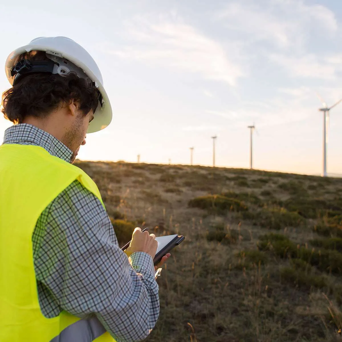 A field worker completing a land access form on a phone at a wind farm