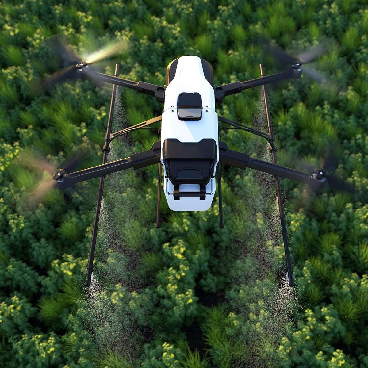 A drone spraying treatment over crops