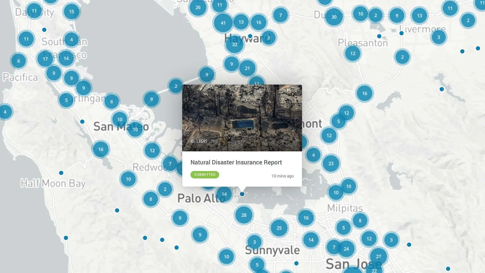 Clustered claim requests shown across a regional map