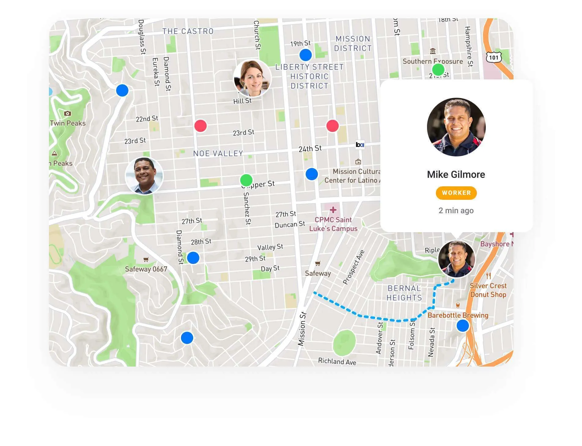 Live positions of vehicles and field workers on a fleet map