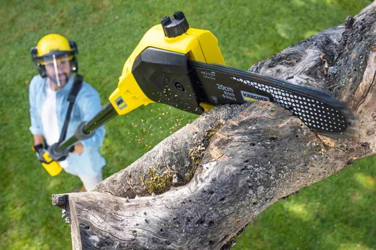 A worker in safety equipment pole sawing a tree