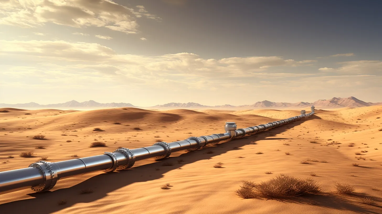 Illustration of a metal pipeline stretching across desert dunes toward distant mountains