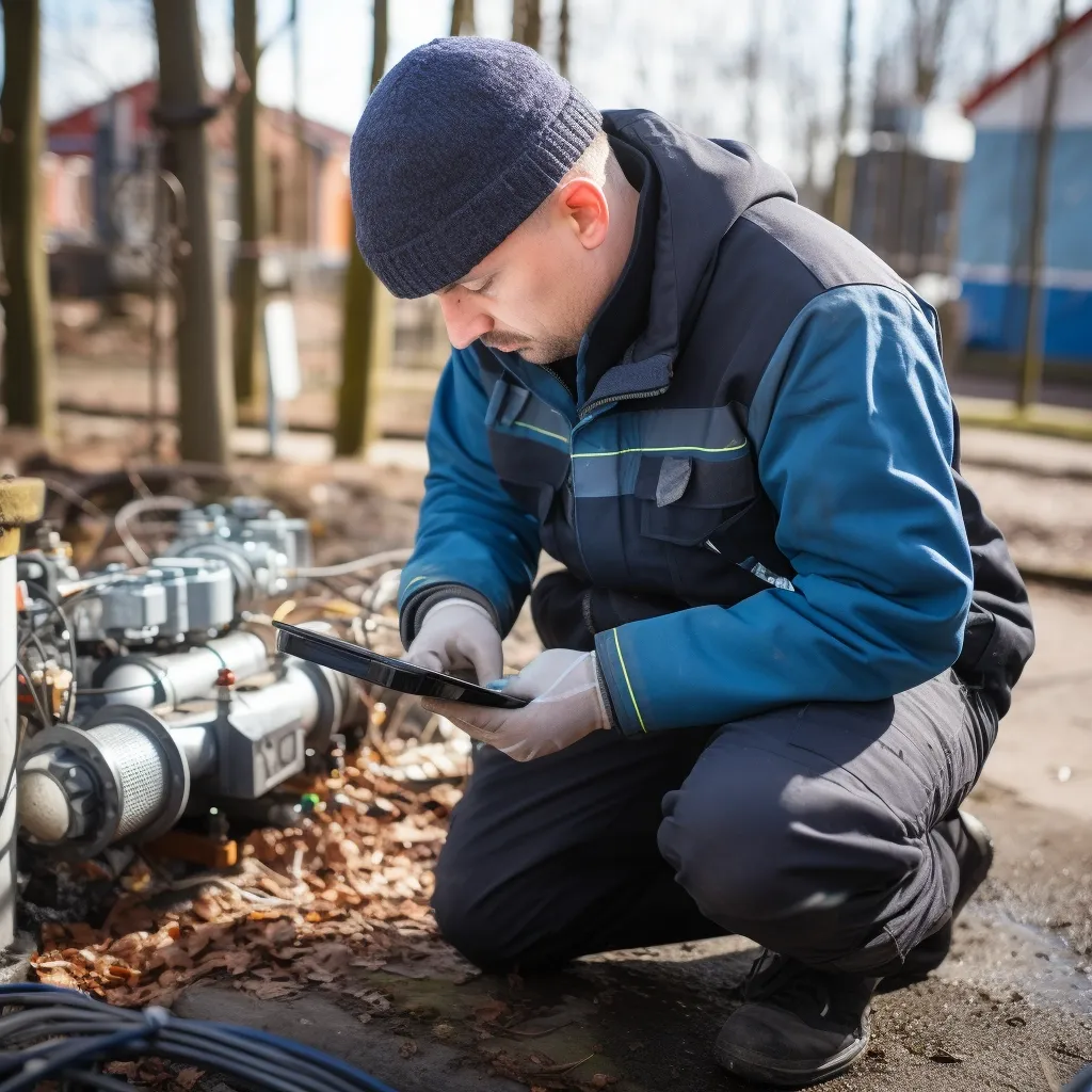 Worker in a beanie kneeling outdoors, using a tablet to inspect a mechanical pump assembly