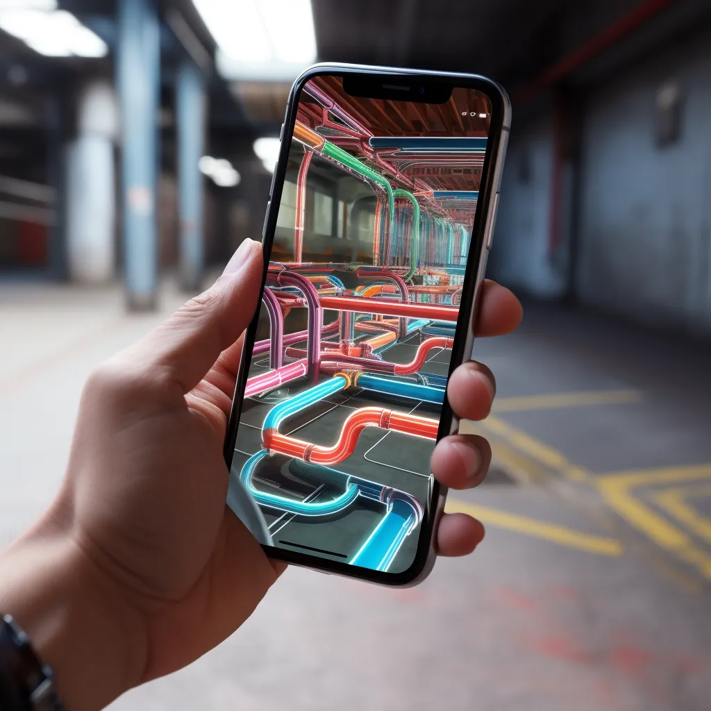 Illustration of a smartphone held up to reveal an augmented-reality overlay of colour-coded pipes in an industrial corridor