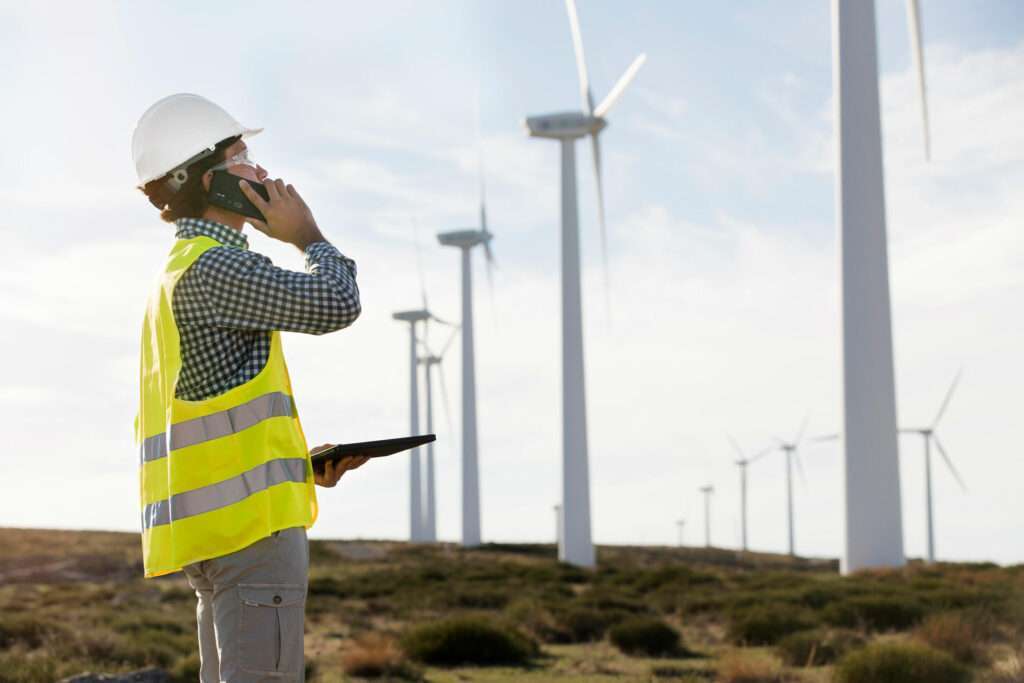 green energy field service wind farms man using tablet environmental monitoring