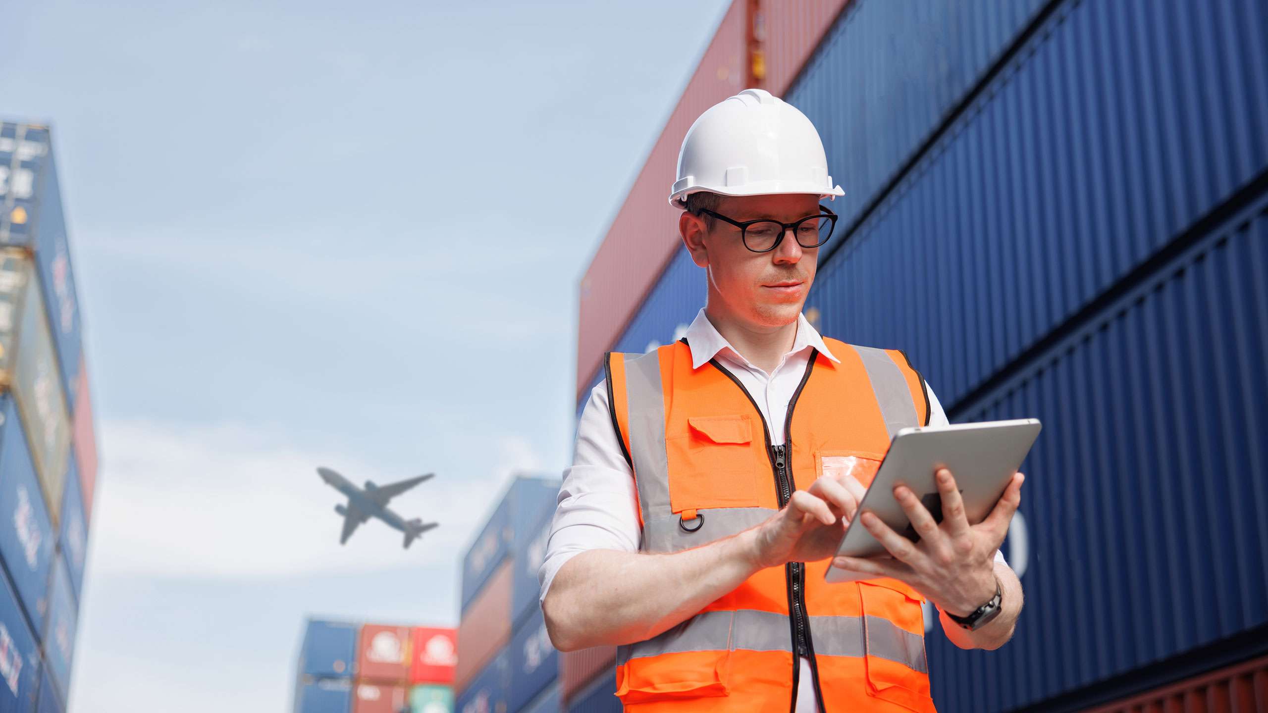 man on ipad tablet biosecurity inspections at docks shipping containers