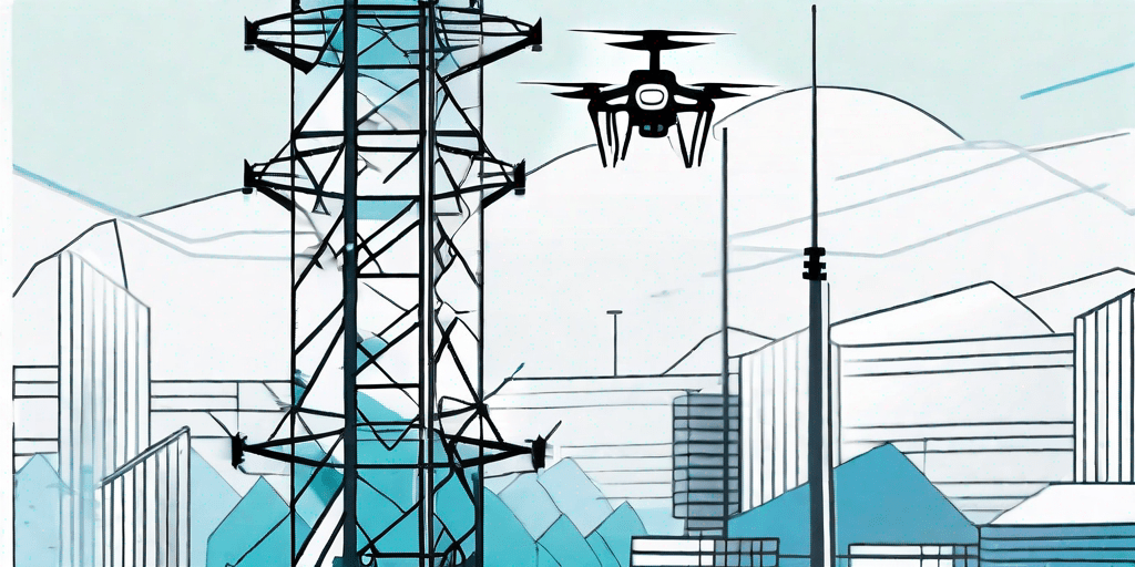 A telecommunication tower with a drone hovering near it