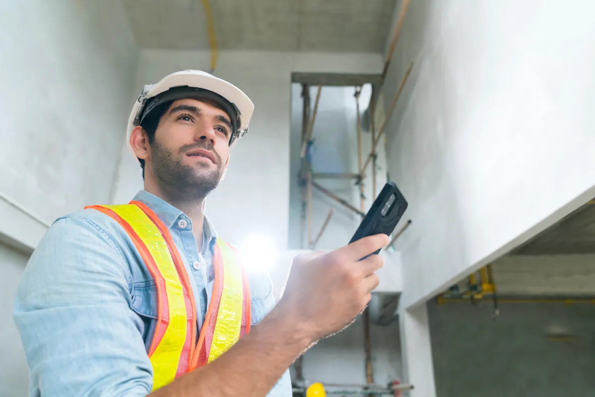 young man in high vis performing building inspection using field service app