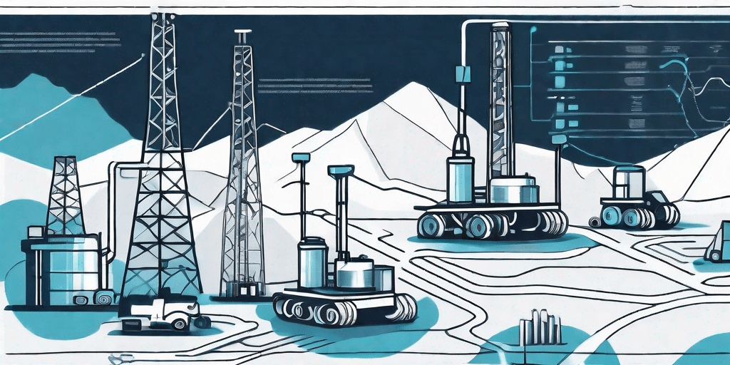 A mining site with drilling rigs and energy plants